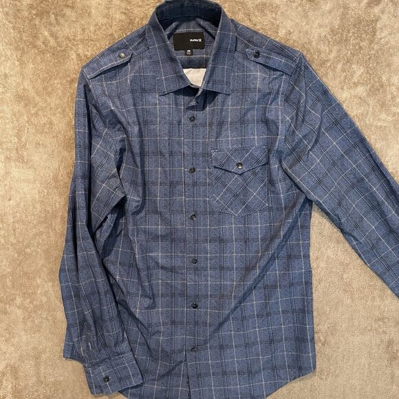 Hurley Phantom Button Up Shirt Mens Medium Blue Plaid Long Sleeve Chest Pocket - Picture 1 of 8